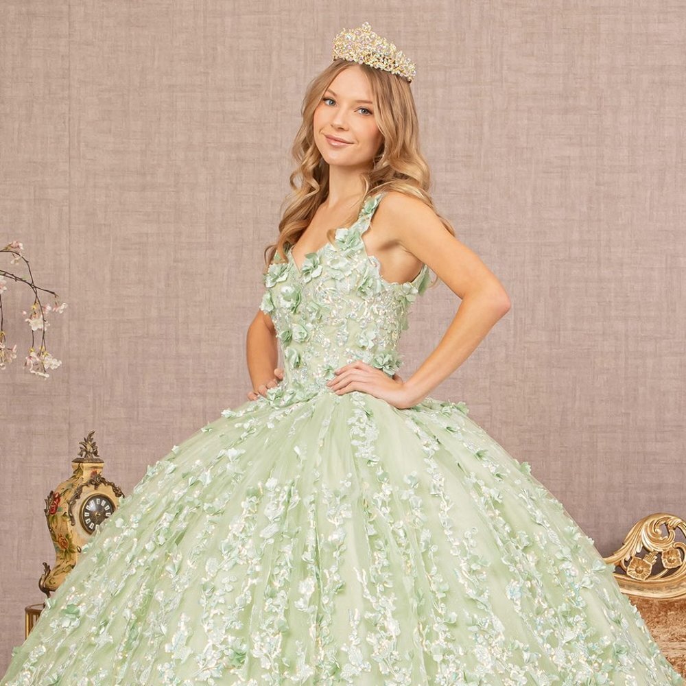 NEW LONG SLEEVELESS DRESS WITH SWEETHEART NECKLINE AND FLORAL APPLIQUE GL3173